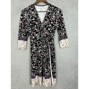 Mia & Tess wrap dress womens small black floral 3/4 sleeve soft boho cottagecore